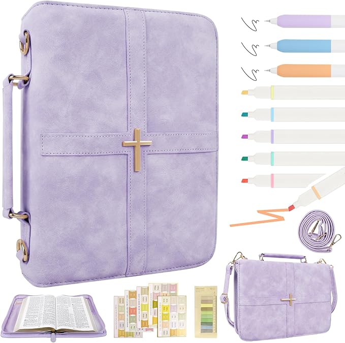 Classic Leather Bible Cover Case with Cross Design and Handle & Shoulder Strap for Women, Durable Bible Study Supplies Organizer Carrying Bag, Christmas Gifts for Christians with Gift Box（Purple