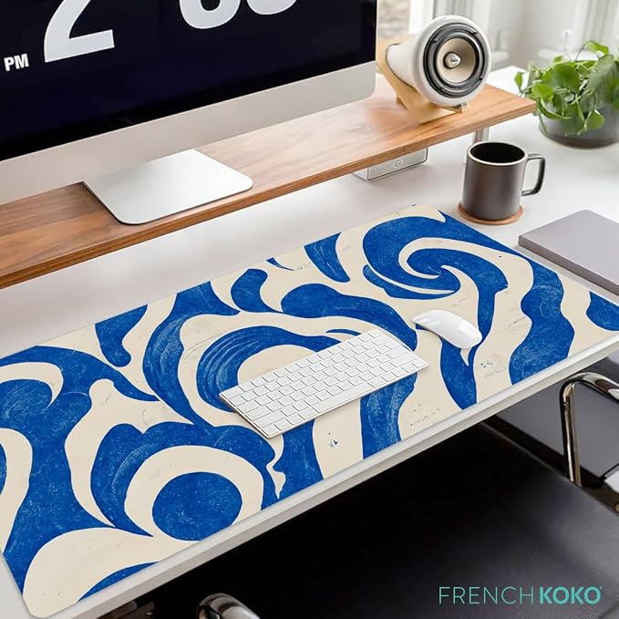 French KOKO Desk Mat, Large Desk Pad Large Mouse Pad Cute Desk Accessories Home Office Essentials XL Desk Mat Desk Pad Keyboard Mouse Desk Pads Computer Cute Women Girls (Blue Waves, 36" x 16.5")
