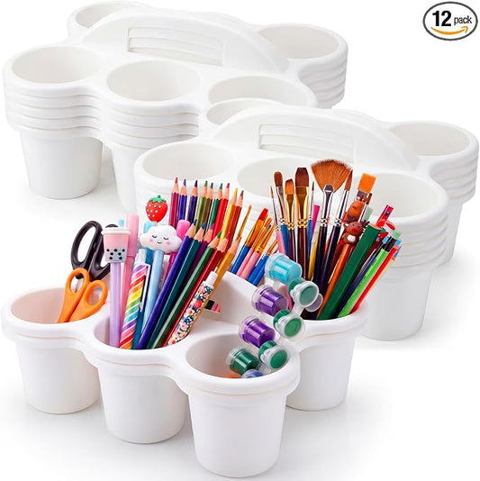 12 Pack Classroom Caddy Organizer with Handle Bulk Plastic Drink Cup Caddy Holder School Storage Supplies with 6 Compartments for Table Crayon Pencil Drink Delivery(White)