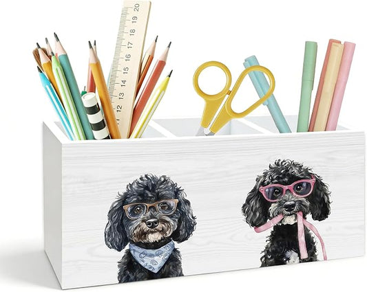 Black Poodle Pen Holder for Desk, Poodle Gifts for Women Men, Dog Lover Gifts Wooden Box Pencil Pen Holder Organizer for Home Office Desk Accessories