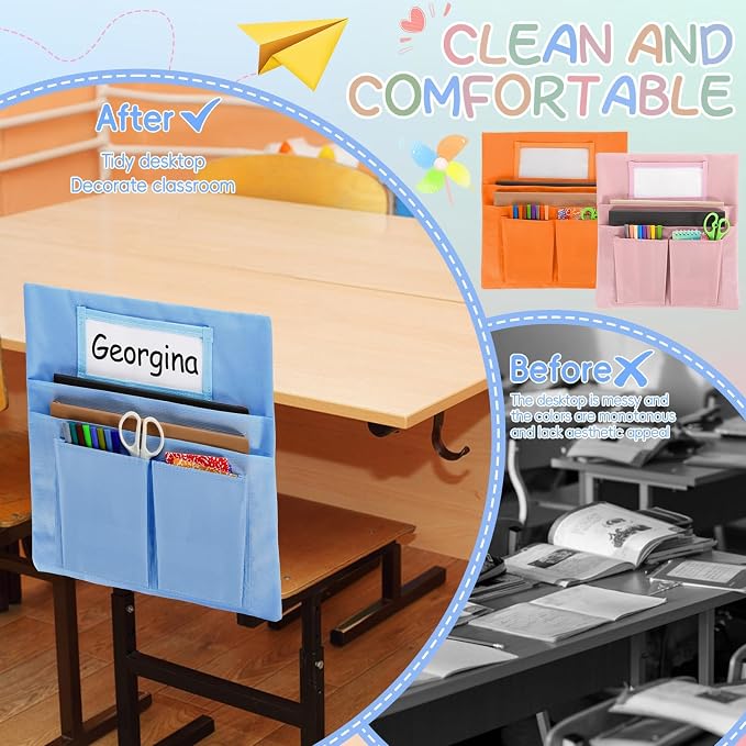 gisgfim 24 Pcs Small Chair Pockets for Classroom 13 x 14 Inch Bag with Name Tag Multi Pockets Chairsback Pouch Organizer for Student Kindergarten Elementary Daycare (Light Boho)