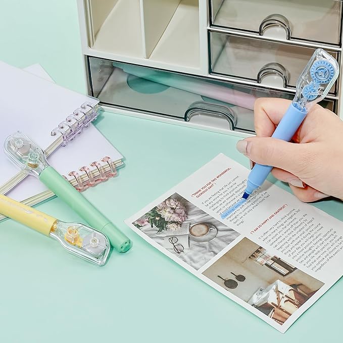 Temiary 3 Pcs 2 In 1 Aesthetic White Correction Tape and Pastel Highlighters Set, Smooth Pull Out Tape with Highlighter Pen for Bible Journaling School, Home, and Office Supplies (Multicolored)