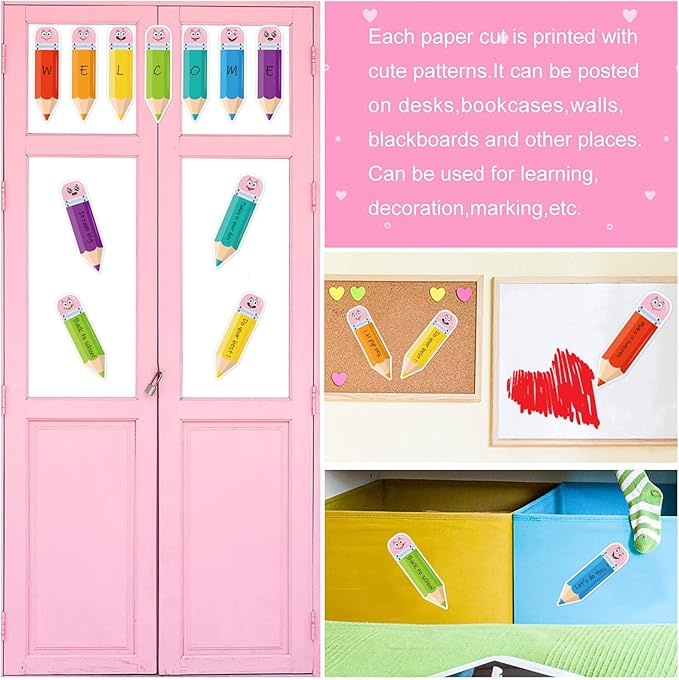AnyDesign 49 Pcs Colorful Pencil Cut-Outs Back to School Cutouts Bulletin Board Decor with 100 Pcs Glue Points Pencil Name Tag Label for DIY Classroom Kindergarten First Day of School Decor