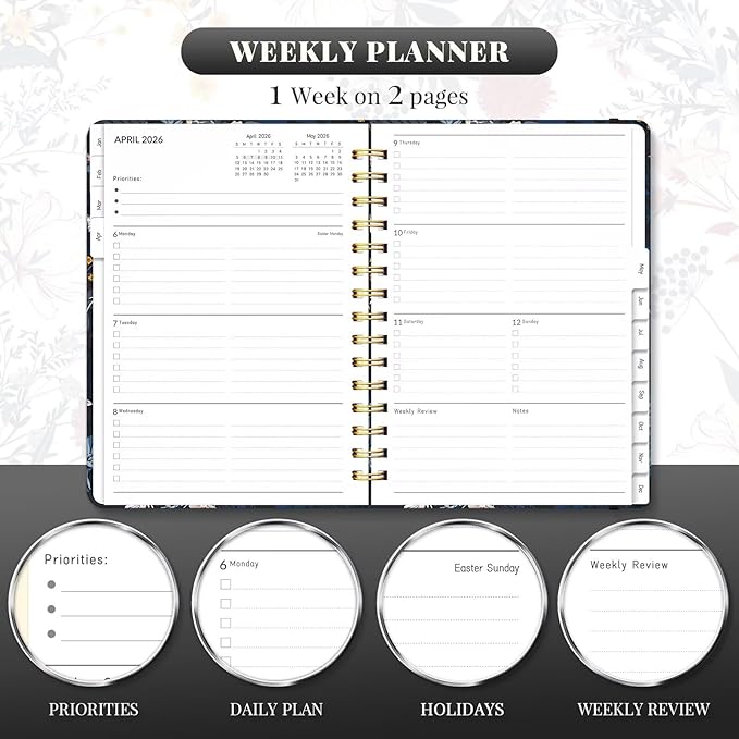 2026 Planner, A5 Weekly and Monthly Planners with Tabs, Spiral Bound Daily Calendar 2026 Planner, Agenda Organizers from Jan. to Dec., Hardcover Habit Tracker Journal 6.18" x 8.5"(Black Bloss)