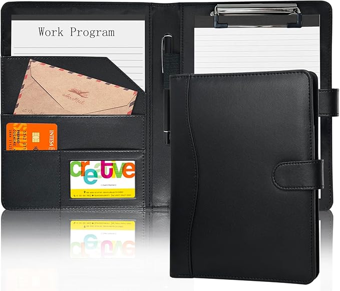 Padfolio Portfolio Binder, Leather Clipboard Folder Briefcase Loose-Leaf Binder with Cover Brown Folder with Pockets Resume Folder for Business Office Meeting Men Women's Business (A5, Black)