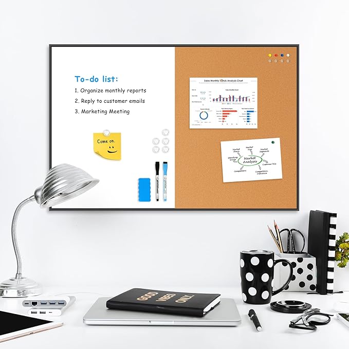 White Board Cork Board Combo, 24" x 18" Magnetic Dry Erase Board & Corkboard for Wall, Bulletin Board Vision Board for Home Office School, Black Aluminum Frame