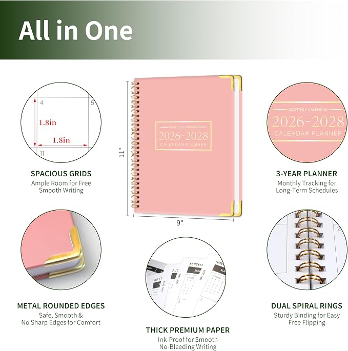 Monthly Planner 2026-2028, Hardcover with Metal Corner 3 year calendar 2026-2027-2028 Calendar Book from Jan 2026 - Dec 2028, 9“ x 11”, Spiral Bound,Organizer for Office, School, and Home, Pink