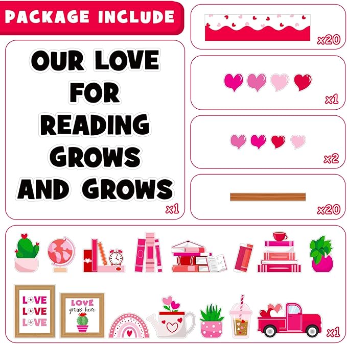 Valentine's Day Reading Bulletin Board Decoration Set, Valentines Day February Library Classroom Decorations Love Heart Book Plant Cutouts School Nursery Home Window Wall Door Decor for Teacher