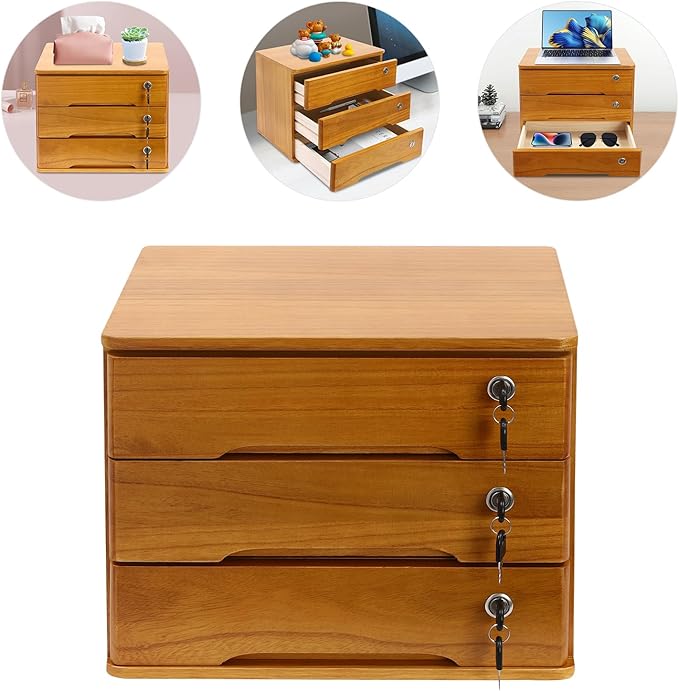 Lockable Desk Organizer Wooden Desktop Drawers Office Flat Files Storage Box Locking Countertop Storage Cabinet (Wood Yellow, 3-Tier)