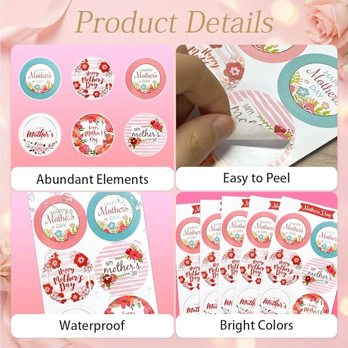 Mothers Day Stickers, 120 PCS Happy Mothers Day Stickers, 2 Inch Mom Sticker Decal, Mom Gifts, 20 Sheets Self-Adhesive Mothers Day Crafted Mother's Day Labels Sticker for Envelope Seal Card Box, Round