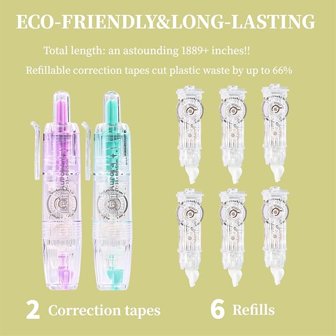 Refillable Correction Tape, 157 ft Total – 2 Pre-Filled Dispensers + 6 Snap-In Refills, School & Office Supplies, Purple+Green