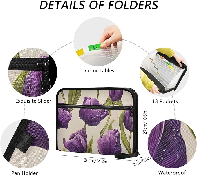 Expanding File Folder Purple Tulips Pattern Accordion File Organizer 13 Pockets Document Organizer with Zipper Labels A4 Letter Office Storage