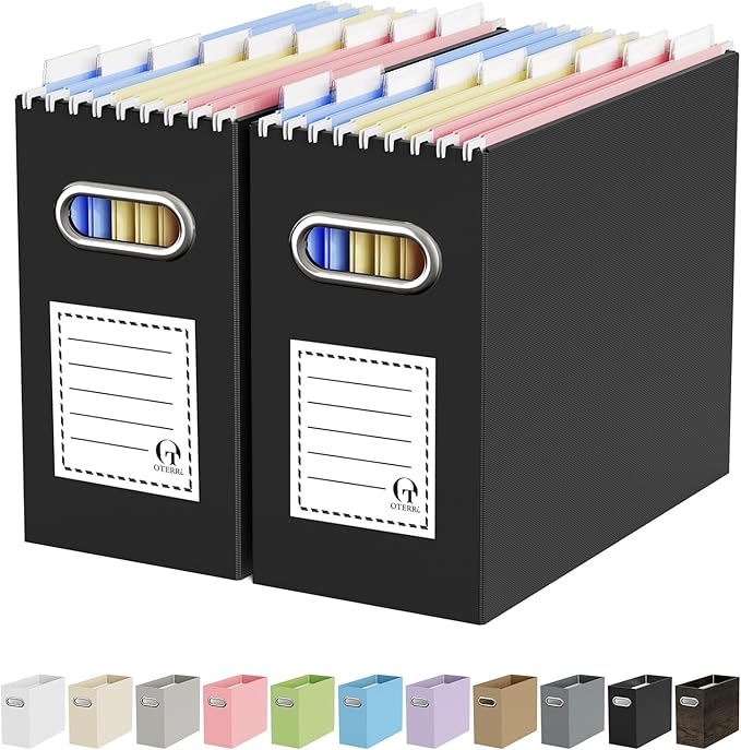 Oterri File Organizer Box, Portable Collapsible Cardboard File Folder Organizer with Handle for Letter Size Hanging Files, Document Storage Box for Home Office & Classroom (2 Packs, Black)