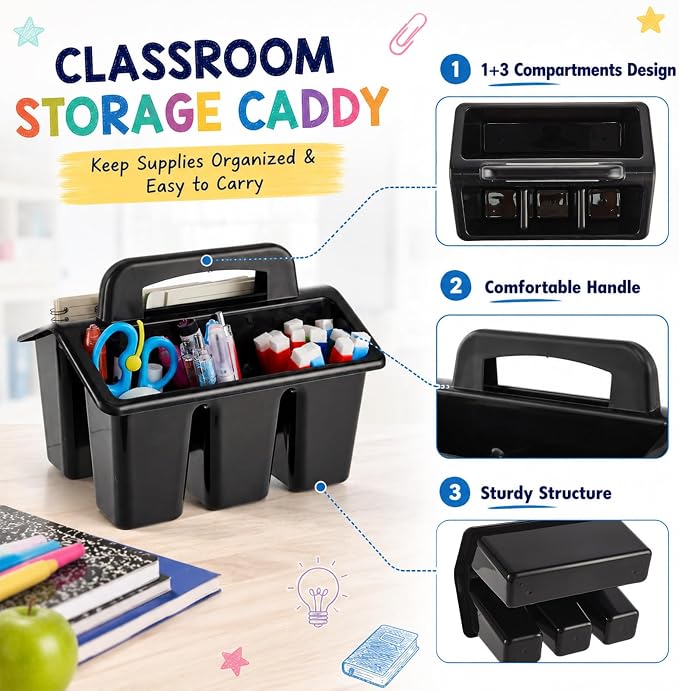 8 Pack Classroom Caddy Storage Basket with Handle 4 Compartment Storage Caddy Plastic Arts Crafts Caddies Protable Classroom Craft Caddies for Kids Schools Art Craft Supplies(Black)