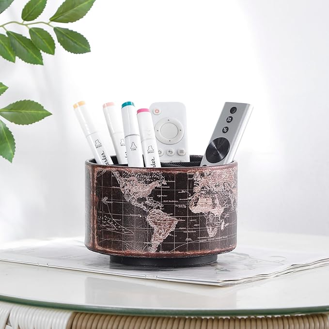 Vintage World Map Remote Control Holder, 360 Degree Rotating Desk Organizer and TV Remote Caddy, PU Leather Spinning Pen Holder for Living Room, Nightstand, and Office Supplies PH132