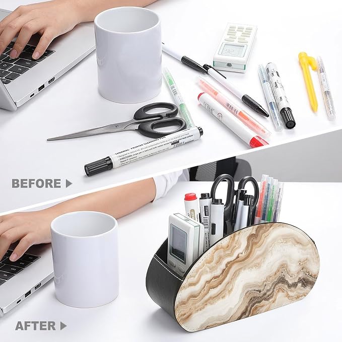 Beige Marble Texture Remote Control Holder with 5 Compartments Leather TV Remote Caddy Remote Storage Box Desktop Organizer for Pen/TV Remotes/Media Controllers/Office Supplies