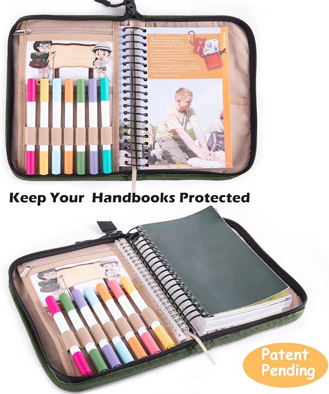 Handbook Book Cover Compatible with BoyScoouts Handbook with Amercan Flag Patch and Compass - Book Sleeve - Handbook Protector for Boys Girls