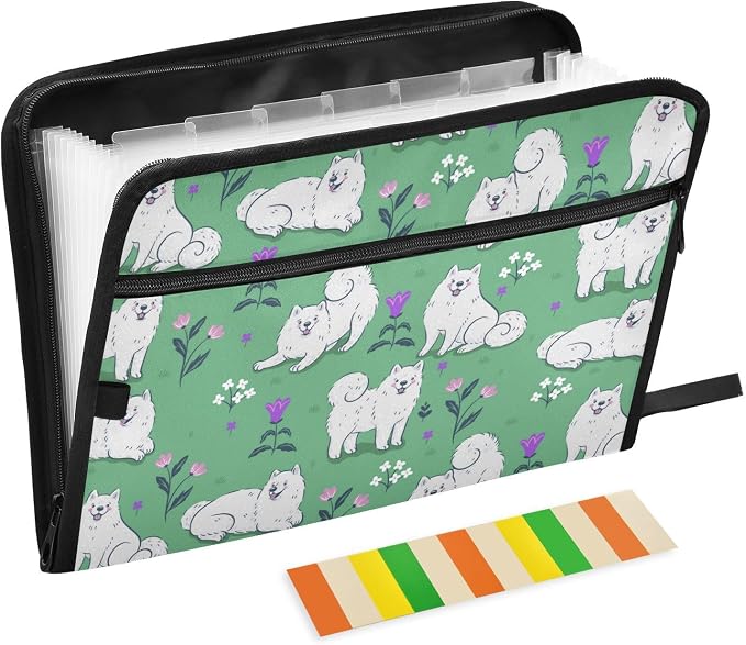 13 Pockets Expanding File Folder Samoyed Dogs on A Green Meadow with Sticky Labels Accordion File Folder Document Organizer Letter Size A4 Papers Expandable File Keeper