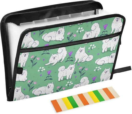 13 Pockets Expanding File Folder Samoyed Dogs on A Green Meadow with Sticky Labels Accordion File Folder Document Organizer Letter Size A4 Papers Expandable File Keeper