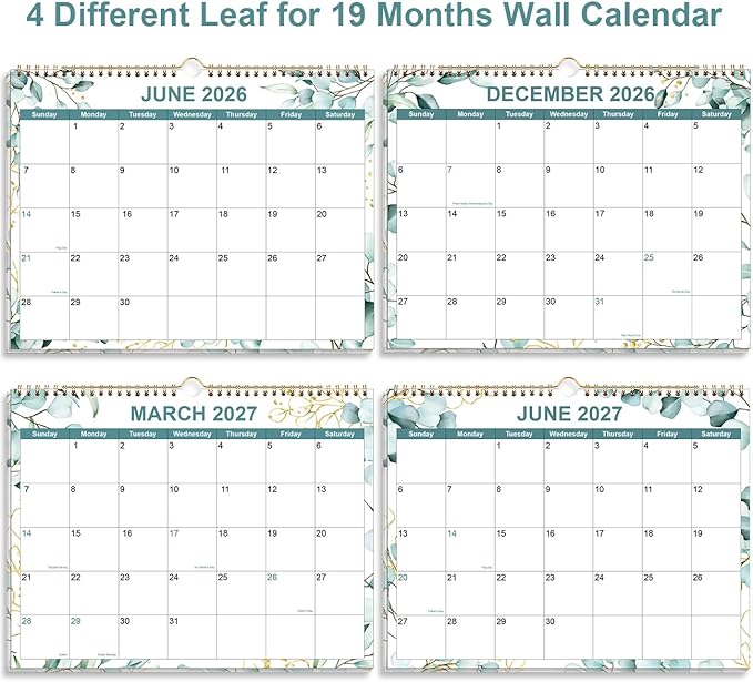 2026-2027 Calendar - Calendar 2026-2027 from June 2026 - December 2027, 19 Months Calendar with Premium Paper, Twin-Wire Binding & Hanging Hook, 8.5" x 11", Leaf