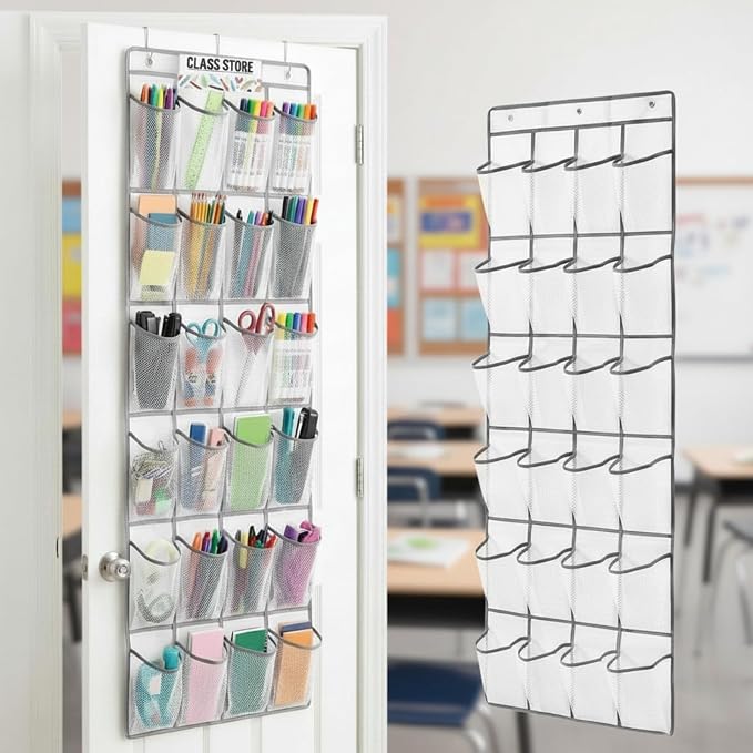 24 Pocket Classroom Organizer Teacher Incentive Reward Chart Treasure Wall Display for Teacher over The Door Hanging Storage Prize Chest Holder Mesh Fabric with Label Cards for Class Store Prize