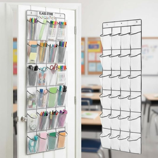 24 Pocket Classroom Organizer Teacher Incentive Reward Chart Treasure Wall Display for Teacher over The Door Hanging Storage Prize Chest Holder Mesh Fabric with Label Cards for Class Store Prize