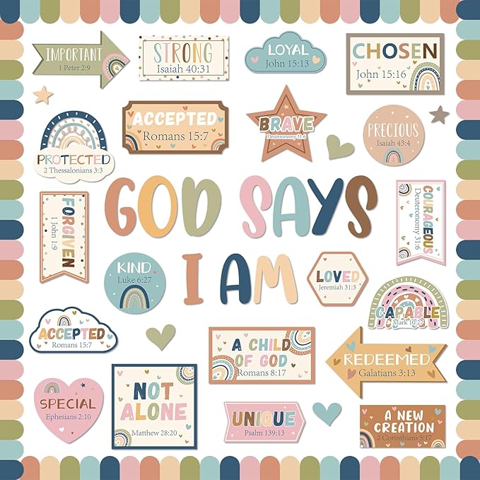 Christian Bulletin Board Decorations Classroom Motivational Bulletin Board for Welcome Back Boho Rainbow God Says I Am Cutout Inspirational Religious Wall Decors for Sunday School Home Church Supplies