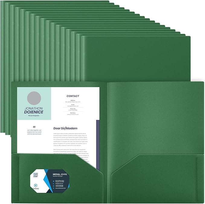 Gueevin 72 Pack Plastic Folder with Pockets, 2 Pocket Folders, Plastic Glossy Folders Fit Letter Size Paper, Heavy Duty Durable File Folder with Business Card for Home Office School (Dark Green)