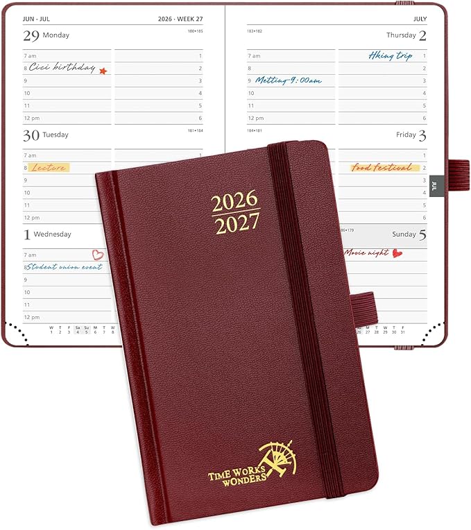 POPRUN 2026-2027 Academic Small Weekly Planner, 4" x 6.25" Purse Size Calendar, July 2026 to June 2027, Hardcover Appointment Book with Horizontal Layout, Hourly Time Slots - Burgundy
