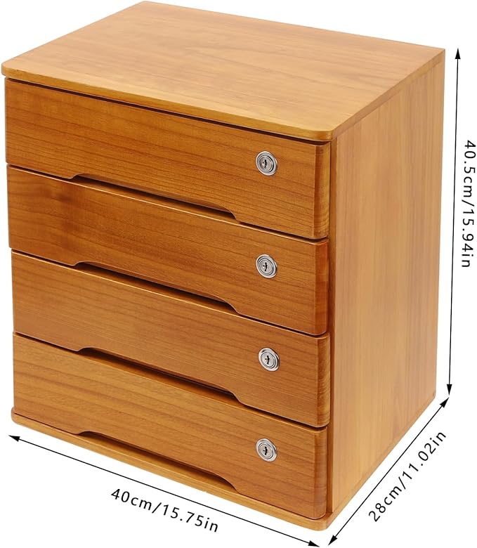 Lockable Desk Organizer Wooden Desktop Drawers Office Flat Files Storage Box Locking Countertop Storage Cabinet (Wood Yellow, 4-Tier)