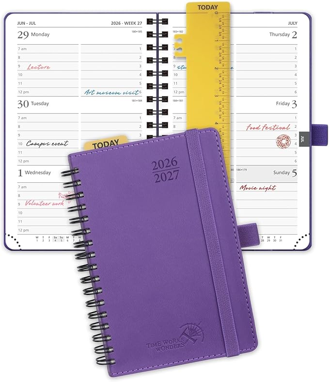 POPRUN Pocket Planner 2026-2027 (Purse Size 4'' x 6.25'') Academic Small Calendar (July 2026 - June 2027) with Hourly Time Slots, 100GSM Thick Papers, Spiral Leather Cover - Purple