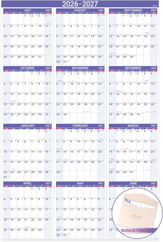 2026-2027 Yearly Wall Calendar - Calendar 2026-2027, July 2026 - June 2027, Large Wall Calendar 26-27, 34.8" x 22.8"(Open), Full Year Calendar Large, One Page Vertical with Round Stickers - Purple