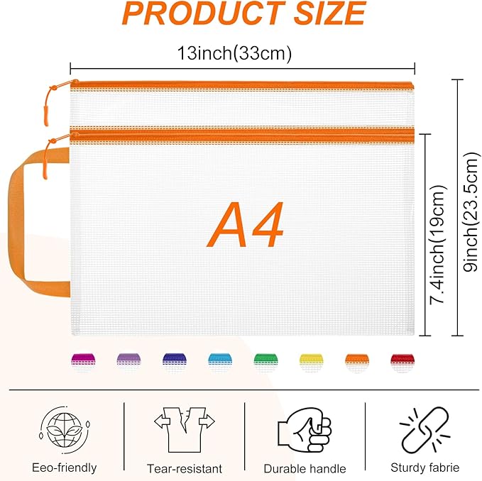 Double Layers Mesh Zipper Pouch Bags A4 (13x9 in, 24 Pcs) 8 Colors Zipper Bags, Waterproof File Pouches for Puzzles Board Game Teacher School Classroom Office Supplies Travel Bag
