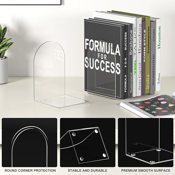 Acrylic Bookends 6 Pieces, Book Ends for Shelves, Clear Bookends for Shelves, Transparent Book Organizer for Desktop, Shlef Book Stopper for Home Office