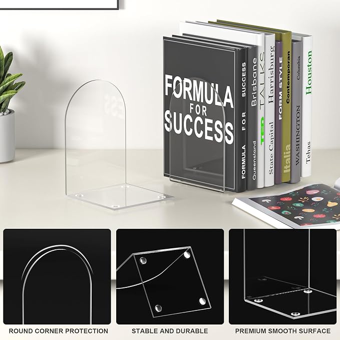 Acrylic Bookends 4 Pieces, Clear Bookends for Shelves, Book Ends for Shelves and Desktop Organizer, Transparent Shelf Book Stopper to Hold Books for Home Office Supplies