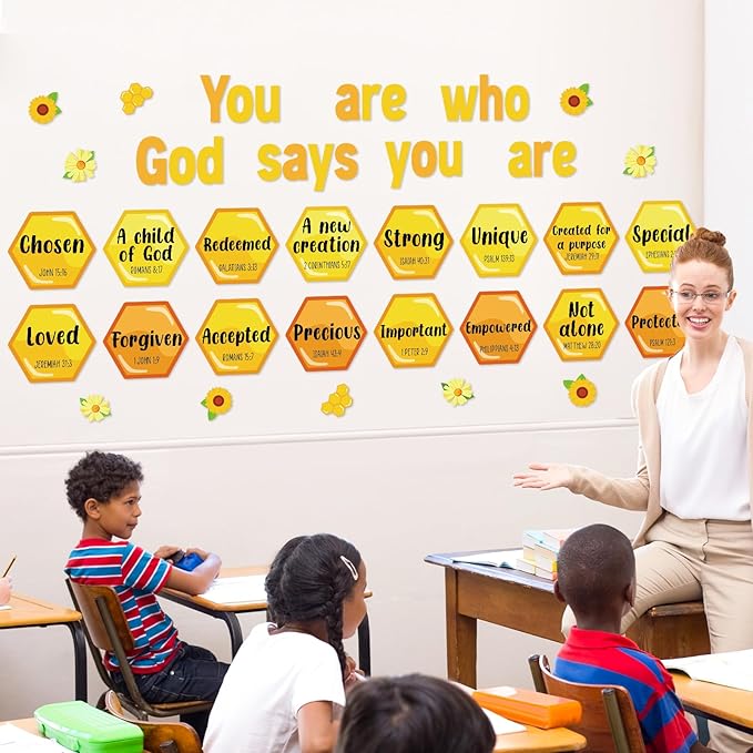 Qyeahkj Christian Bulletin Board Decorations Bee Jesus Bulletin Board Sets Bee Hive God Says You are Religious Classroom Wall Decor VBS Motivational Cutouts for Sunday School Home Church Supplies
