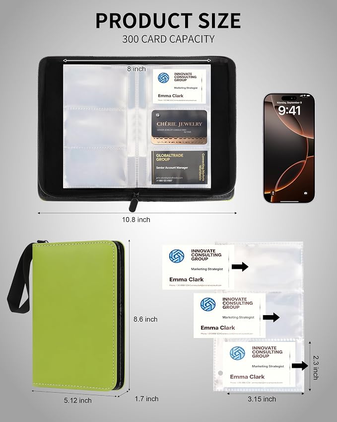Leather Business Card Book Holder Organizer, Professional Name Card Book Holder with 300 Card Capacity, Portable PU Credit Card Wallet File Sleeve Storage for Men Women,50 Pack Sleeves Zipper Closure