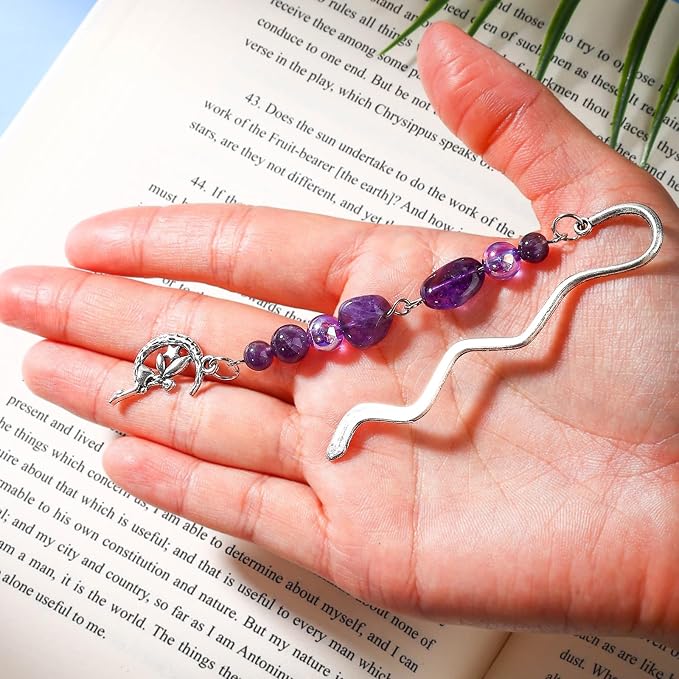 Vintage Metal Angel Bookmark Pendant with Natural Crystal Bead Chain–Elegant Fairy Bookmarks for Women,Men,Book Lovers,Teachers and Students(Amethyst)