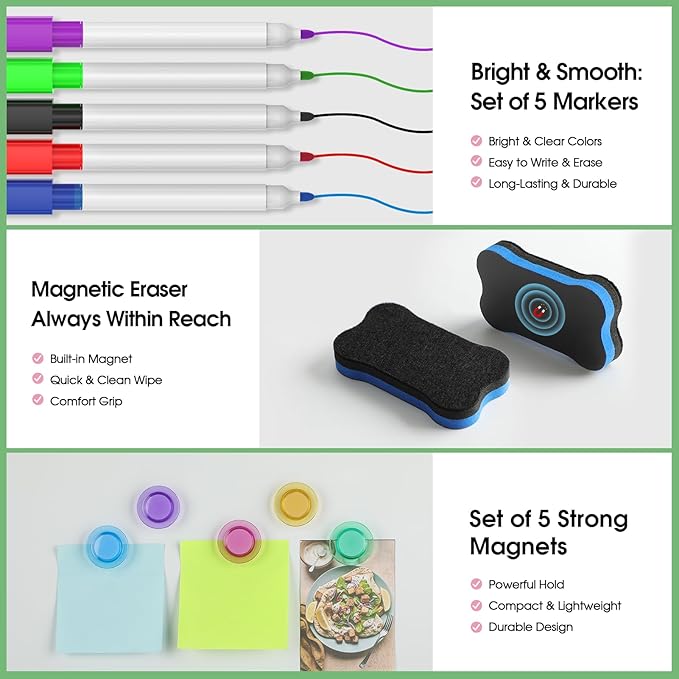 MaxGear 5 Pack Multicolor Fridge Whiteboard Magnetic, 12 x 8 Inch Dry Erase Board for Refrigerator, Reusable Kitchen Organizer, Colorful Planning Board, Includes 5 Markers, 5 Magnets and 1 Erase