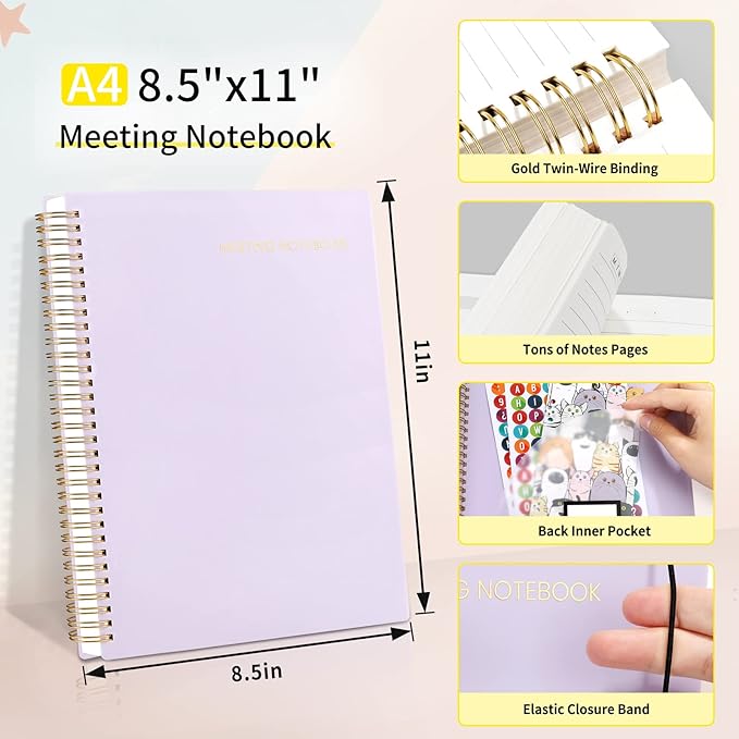 SUNEE Meeting Notebook for Work with Action Items - 160 Pages, A4 Size Project Planner, Spiral Meeting Agenda/Minutes Notebook Organizer for Women Men, Note Taking, Office & Business, 8.5"x11", Purple