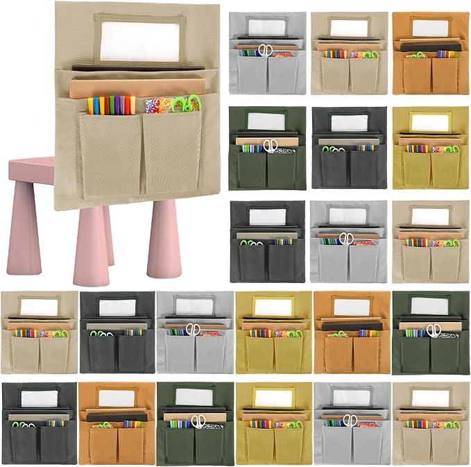 gisgfim 24 Pcs Small Chair Pockets for Classroom 13 x 14 Inch Bag with Name Tag Multi Pockets Chairsback Pouch Organizer for Student Kindergarten Elementary Daycare (Earth Color)