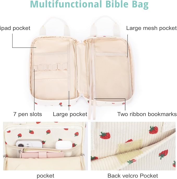 Bible Cover for Women, Bible Case,Carrying Bible Bag Scripture Case Church Bag Bible Protective with Font & Back Zippered Pocket
