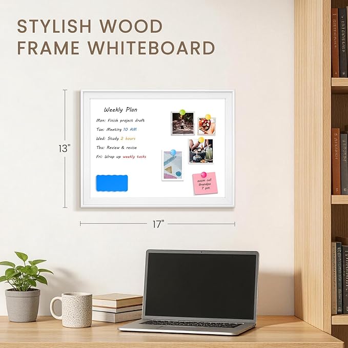 White Board for Wall, 17" x 13" Magnetic Dry Erase Board, Decorative Wooden Frame Whiteboard, Wall Mounted, Aesthetic Writing Board for Home, Office, School - White