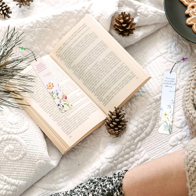 24 Pcs Bible Verses Bookmark with Cross Pendants Christian Bookmarks for Women Inspirational Scripture Book Marks Positive Flower Marker Motivational Religious Gifts for Church Reading Supplies
