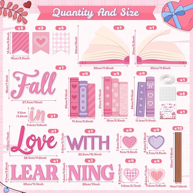 TICIAGA Pink Heart Book Learning Bulletin Board - 62Pcs Valentines Bookshelf Fall in Love with Learning Pink Heart Cutout Border Book Flag Banner for February School Library Classroom Wall Decor