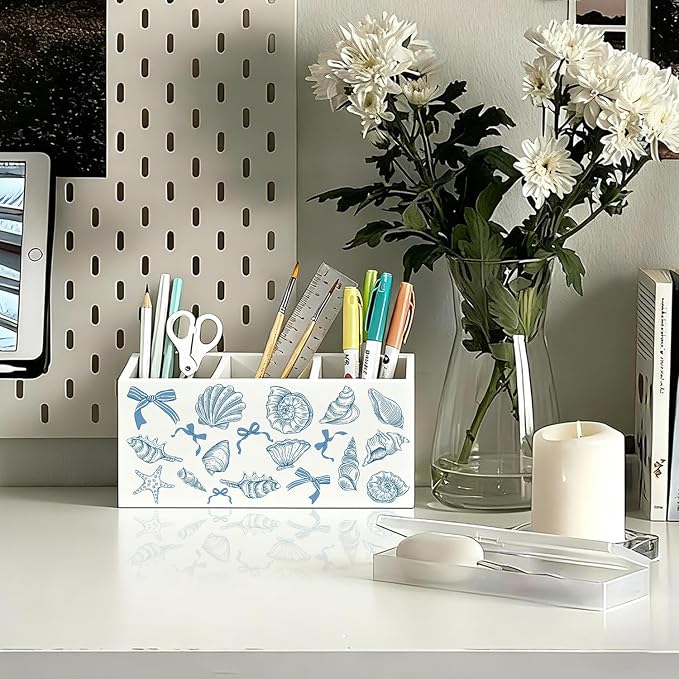 Blue Preppy Beach Pen Pencil Holder for Desk, Beach Office Decor, Coquette Blue Bow Coastal Seashell Beachy Wooden Box Sign Decorations for Girly Room Bedroom Dorm Office Desk Tabletop
