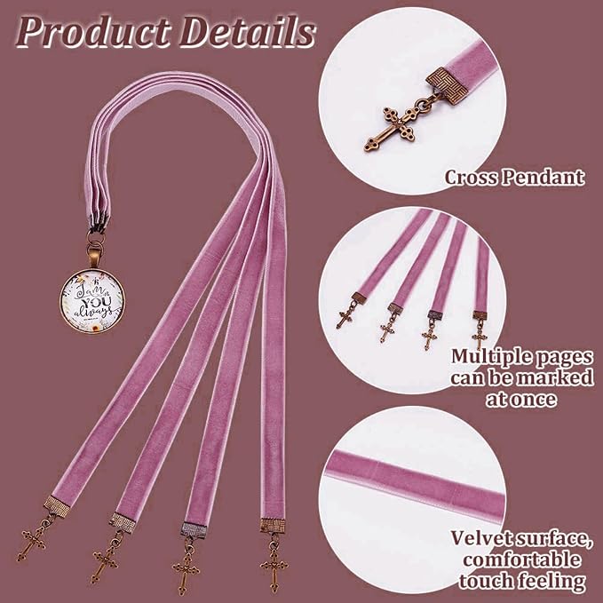 FINGERINSPIRE 2 PCS Velvet Ribbons Bible Bookmarks 14.45" Bible Bookmarks with 4 Velvet Ribbons Book Marks with Alloy Cross Pendant Multi-Strand Bookmarker Bible Bookmarks for Women Men Book Lovers