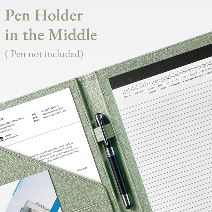 Mymazn Padfolio Portfolio Folder, Faux Leather Interview Resume Folder with Document Organizer & Business Card Holder, Letter-Sized Notepad Legal Pad Holder for Men Women (Sage Green)