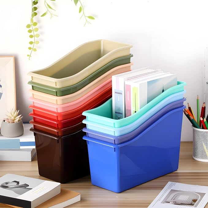 Teling 24 Pcs Plastic Book Bins Bulk for Classroom Interlocking Magazine Holder Organizer Folder Binder Storage Container Box with Name Labels for School Office Home Supply (Retro Earth Tone)