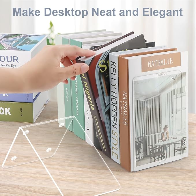 Acrylic Bookends 2 Pieces, VFINE Book Ends for Shelves, Clear Bookends for Shelves Decor Book Ends for Desktop Organizer, Book Stopper for Home Office School Supplies, 7 * 4.8 * 4.75 inch